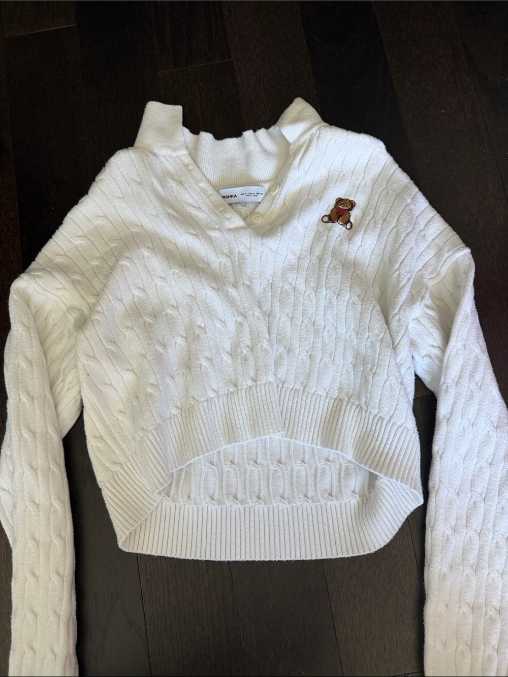 Bershka White Cable-Knit Sweater with Teddy Patch